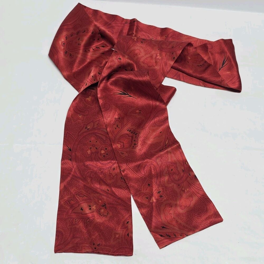 Vintage 100% Red Silk Paisley Thin Neck Scarf Purse Hair Tie 71" Boho Chic